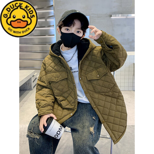 G.DUCKKIDS Boys' Style Korean Style Padded Jacket Autumn and Winter 2025 New Medium and Large Children's Cotton Thickened Hooded Windbreaker Khaki 140 cm