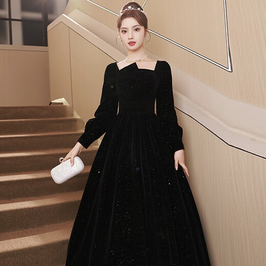 Libaixin black long-sleeved evening dress female celebrity banquet annual meeting long dress host French adult ceremony art test dress autumn and winter blue 2XL recommended 122-128Jin Jin equals 0.5 kg