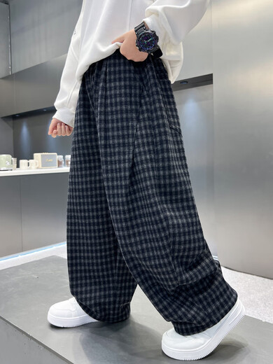 Xiaohongshu's hot style boys' autumn and winter pants with velvet and thickening 2025 new big children's all-in-one velvet winter casual clothes for children, dark blue and black with velvet, cm 120