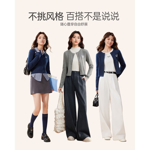 IEF/Aiyifu 2025 New Autumn Woolen Jacket Women's Korean College Style Fashion Embroidered Knitted Cardigan Navy Blue One Size