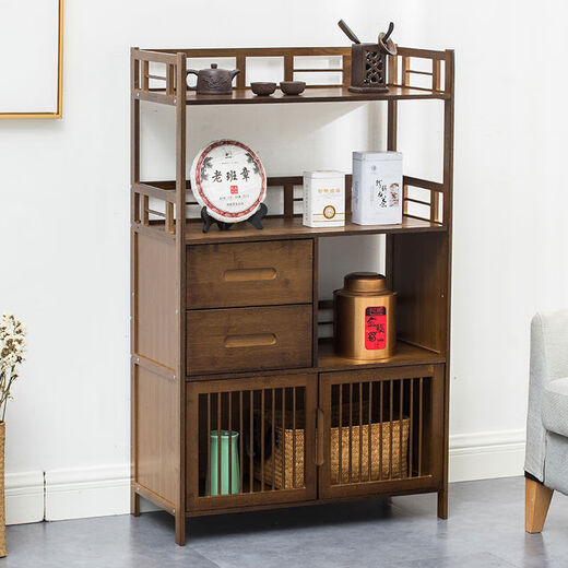 He Jiagong small tea cabinet tea cabinet tea set storage rack tea cabinet storage cabinet solid wood living room multi-layer tea shelf 037 model 68 Hu color 6 layers with door double drawer universal