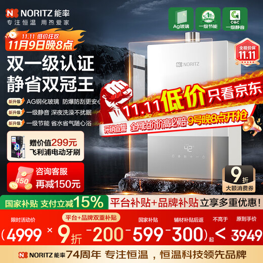 NORITZ Xiaoyunduo UP 16-liter gas water heater natural gas 15% national subsidy for home appliances AG glass first-level silent energy-saving water servo 16EX33AFEX