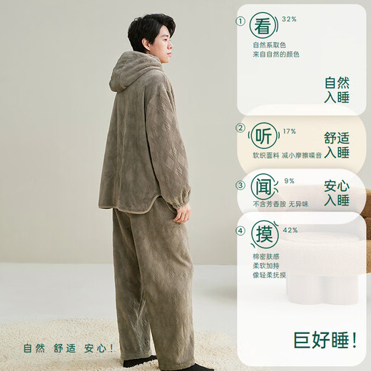 Anzhiban Giant Warm Couple Pajamas Women's Autumn and Winter Coral Velvet Thickened Winter Men's Hooded Home Clothes Aoki Brown Male XL