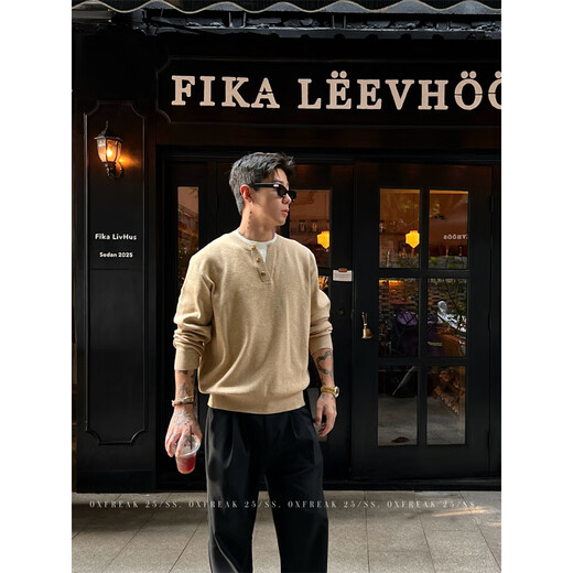 ROAR UTHAUG custom mother-of-pearl buckle old money style fake two-piece Henry collar sweater for men autumn and winter warm sweater black S