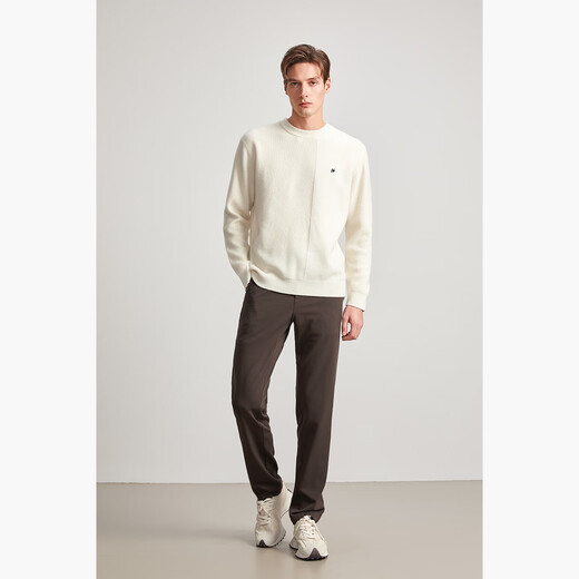 HECHTER 100% wool men's round neck wool sweater solid color skin-friendly, comfortable, warm and versatile sweater for men off-white - hot selling color L
