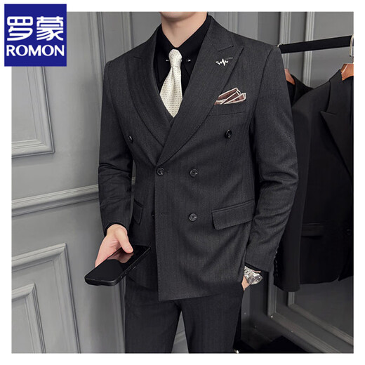 ROMON double-breasted striped woolen suit suit for men, high-end, handsome, business casual, British woolen suit jacket, brown (three-piece set), free tie XL