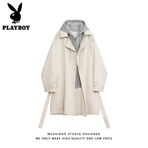 Playboy (PLAYBOY) windbreaker men's spring and autumn holiday two-piece hooded mid-length over-the-knee coat cityboy Korean casual trendy coat black L