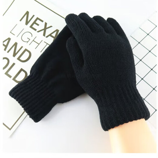 Black double-layered woolen gloves with velvet pure black five-finger thickened warm knitted gloves Black double-layered woolen gloves