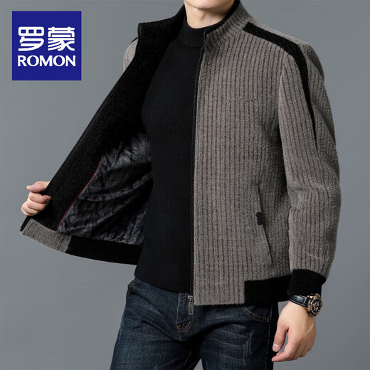ROMON Woolen Jacket Men's New Autumn and Winter Casual Thick Middle-aged Dad Jacket Men's Warm and Cold-proof Jacket Men's Gray Velvet Thickened XL 135-150Jin Jin is equal to 0.5 kg