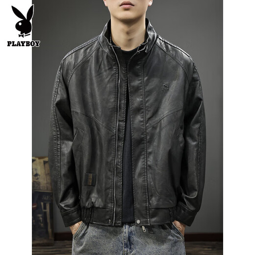 Playboy autumn and winter 2025 new handsome PU leather jacket men's autumn stand-up collar loose American top pilot leather jacket black gray L suitable weight 130-145Jin Jin equals 0.5 kg