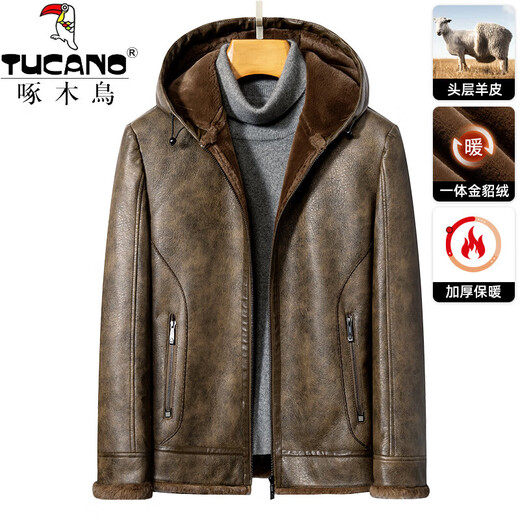 Woodpecker (TUCANO) first layer sheepskin Haining leather jacket men's gold mink velvet liner hooded thickened warm winter jacket Selected hooded style - Jin Dian Black M 170/88A Recommended 120 Jin Jin is equal to less than 0.5 kg