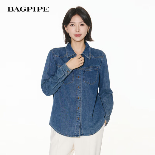 Bagpipe Bagpipe 2025 Autumn New Dark Blue Retro Denim Shirt Women's Layered Small Shoulder Soft Top Denim Lan M 160