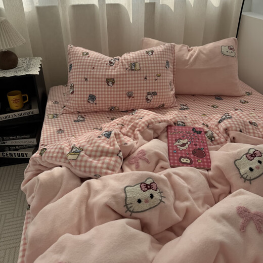 Mercury series girly heart pink Kt cat towel embroidered thickened milk velvet four-piece set autumn and winter warm coral velvet 1.5m three-piece set Sweet Kitten - light pink cute towel embroidered milk velvet 0.9m bed sheet style three-piece set/quilt cover 150*200cm