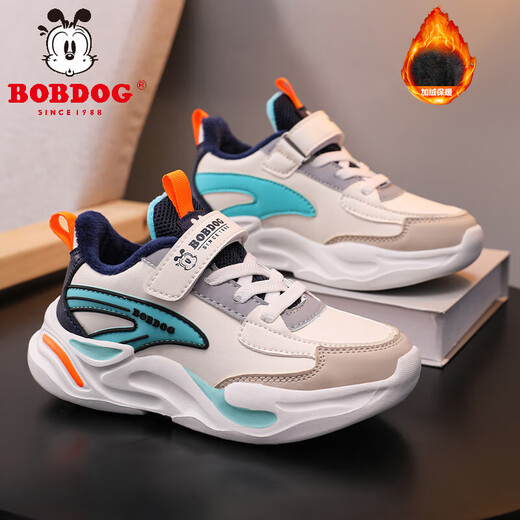 Babudou boys' cotton shoes, winter velvet warm children's sports shoes, leather waterproof waterproof running shoes for boys and girls, white green winter velvet style 30 (inner length 19.0cm)
