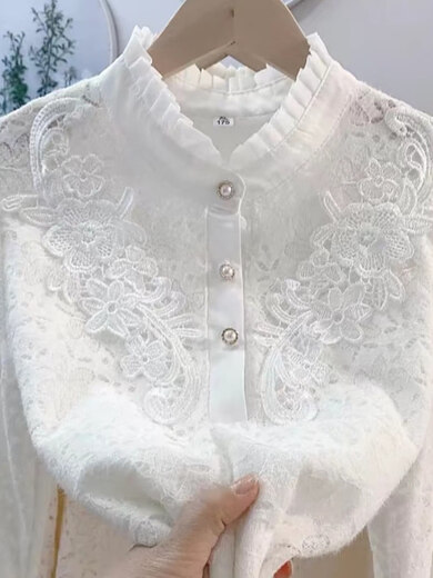 Xiaohongshu's hot style lace stand-up collar and fungus-edged shirt, small fragrant style, slimming, covering the body and reducing age, plus velvet for ladies, white (lining) XL100120Jin Jin is equal to 0.5 kg, one size fits all