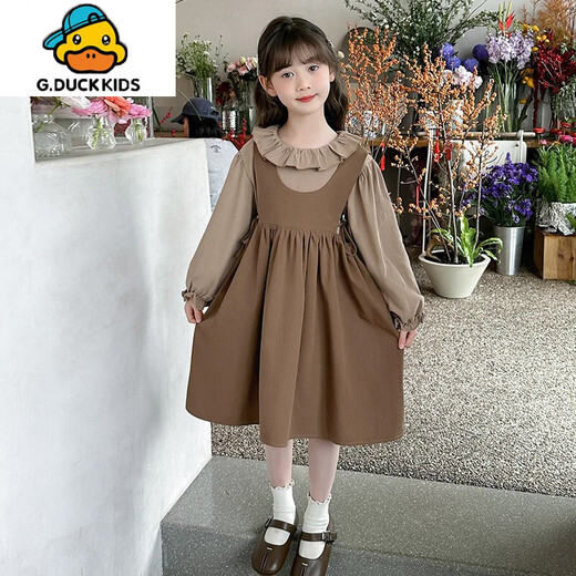 G.duck Girls' Dress Autumn Suit Western Style Children's Princess Dress Spring and Autumn Big Children's Suspender Skirt Two-piece Set MG-Flower Collar Suspender Skirt Suit-Coffee Color 150 Recommended Height 140cm