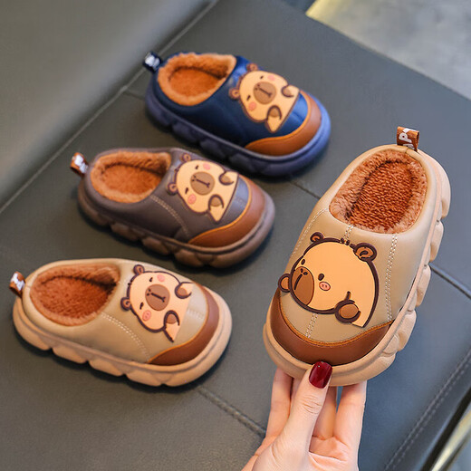 Kapibara children's cotton slippers for boys in autumn and winter 2025 new style for home and outdoor wear parent-child non-slip girls to keep warm Upgraded version of environmentally friendly material dark coffee (heel included) 12 34/35 size (shoe inner length 20CM suitable for feet 19