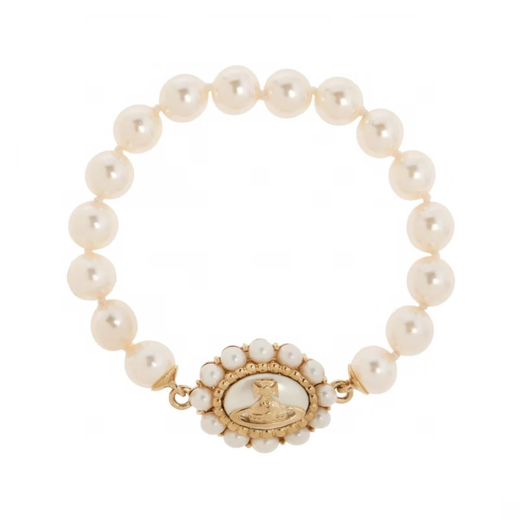 Vivienne Westwood Amaya Saturn Logo Shape Artificial Pearl Baroque Design Brass Pearl Bracelet Unisex Gold 1 Basic Packaging-Dust Bag + Packing Box