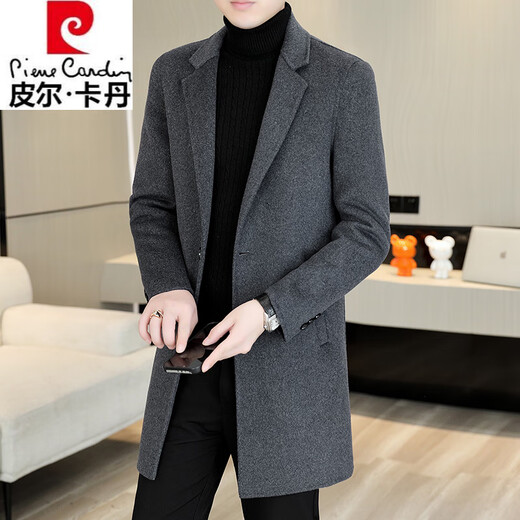 Pierre Cardin high-end double-sided woolen coat men's medium-length down gallbladder wool suit jacket casual sheep | plush woolen style 15X05 dark gray double-sided woolen coat XL suitable for 130-150Jin Jin equals 0.5 kg