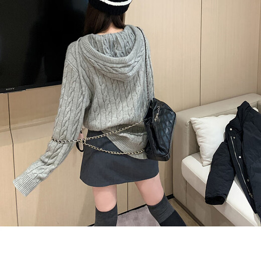 Feiyao hooded sweater for women 2025 autumn and winter new twist pullover sweater gray loose lazy style top gray one size