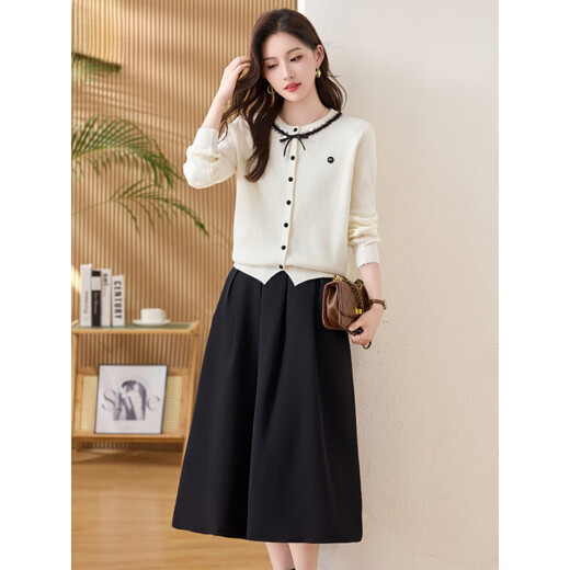 Ehangy international luxury high-end brand knitted dress for women 2025 autumn and winter new age-reducing fashion versatile skirt off-white (two-piece set) M