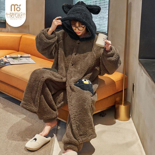 Модальные пижамы из кораллового флиса, мужские осенне-зимние новые плюс бархатные теплые пижамы, повседневный мультяшный комплект, можно носить вне дома.