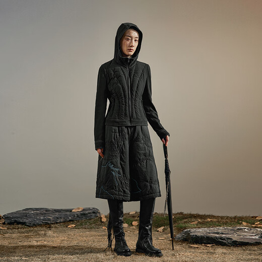 Rishuo Thinsulate cotton five-quarter shorts women's 2025 autumn and winter popular outer wear elastic high-waisted a-line embroidered casual pants Yuma black L