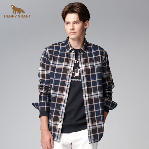 HENRY GRANT Henry Grant plaid men's long-sleeved autumn classic Korean slim-fit plaid shirt men's loose top blue (QSC244180U211) 50 (175/96A)