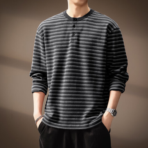 Henhut luxury high-end brand high-end striped long-sleeved T-shirt men's autumn new loose sea soul shirt Henry collar sweatshirt men black M suitable for 110-130Jin Jin equals 0.5 kg