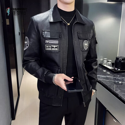Zhumengyan (ZHUMENGYAN) leather jacket men's 2025 spring and autumn new military style pilot large size loose stand-up collar embroidered men's leather black counter high-end leather jacket M