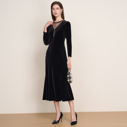 EITIE temperament and high-end banquet hollow beaded velvet fishtail dress 2025 winter new mother's wear 7977613 minimalist black 20 S (155)