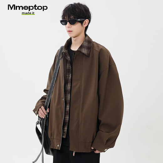 MMOPTOP American fake two-piece plaid spliced lapel jacket autumn and winter men's windproof jacket MJK22 coffee L