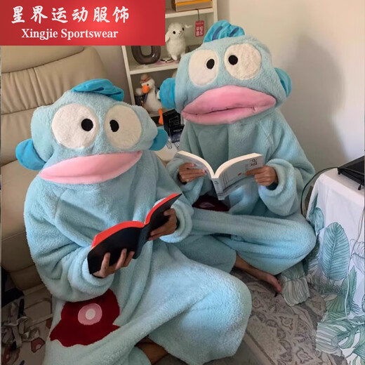 Kaooseen Big Mouth Ugly Fish Coral Velvet One-piece Pajamas for Women Cartoon Thickened Warm Pajamas for Men Large Size Hooded Funny Winter Funny Big Head Fish Pajamas + Shoes M XL Height 168-185C