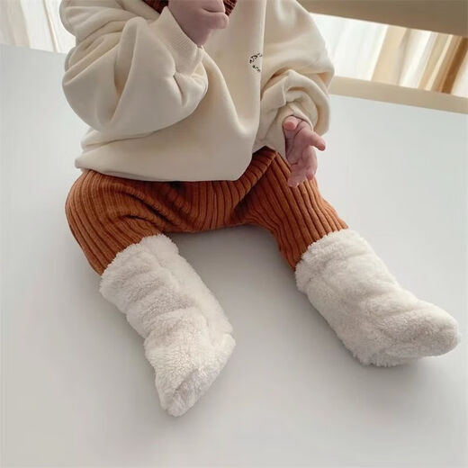 Jingmengyuan ins Korean infant plush socks for men and women winter warm coral velvet socks shoes non-slip floor socks light khaki plush socks