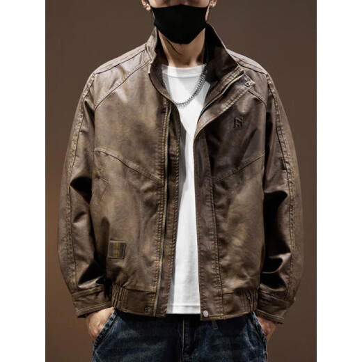 Pure (YISHion) leather jacket for men Maillard retro motorcycle style PU leather jacket for men 2025 spring and autumn new pilot jacket for men J034 coffee color regular M suitable for weight 100-120Jin Jin equals 0.5 kg