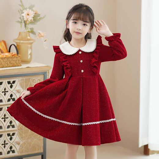Piggy Banner (PEPCO) girls winter red dress stylish plus velvet children's clothing winter skirt little girl princess dress red 150