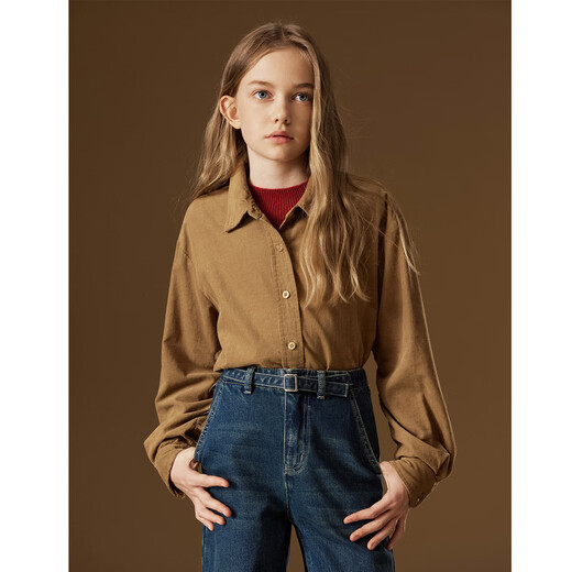 ELLE KIDS children's clothing Maillard long-sleeved shirt girls autumn and winter new corduroy embroidered retro style top khaki 130
