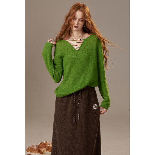 Fairy's pocket v-neck lazy style soft waxy sweater for women 25 autumn and winter new style loose slimming high-end sheep wool berry rose purple M