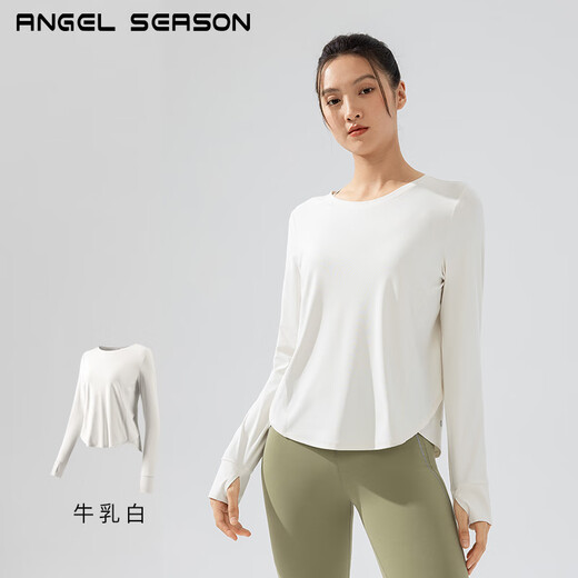 Angel Season Yoga Wear Women's Tops Fitness Running Sports Pilates Training Wear Slim Fit Quick-Drying Long Sleeve T-Shirt Milky White XL