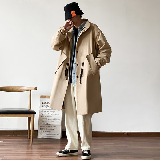 JEEP SPIRIT吉普日系抽绳收腰中长款风衣男秋季外套宽松休闲大衣卡其色XL