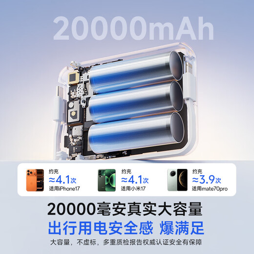 Hishell Innovation, National 3C Certification, Super Fast Charging, True 20000 mAh, Self-contained Power Bank, Large Capacity Mobile Power Supply, Can Go on Planes, Compact and Portable, Suitable for Android and Apple, Haoyue White, 2W mAh + Flash Charging Speed ​​Up, Upgraded Batteries, National New 3C Certification, True 20000mAh丨 Can Go on Planes