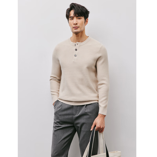 ONEDEW sweater men's spring and autumn new business casual slim henley collar long-sleeved sweater solid color wool sweater apricot M