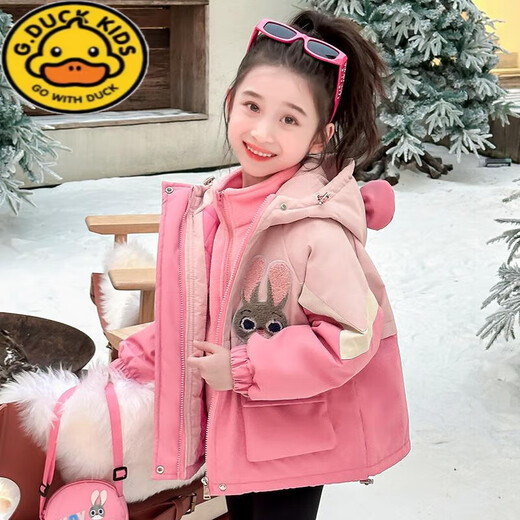 G.DUCKKIDS Girls Rabbit Police Jacket Three-in-one Padded Thickened Jacket Autumn and Winter 2025 New Children's Cotton Clothes Pink Jacket Padded Thickened 110