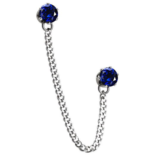 Double pierced earrings for men in one piece, unique design, bone decoration, diamonds, no chain link, tanzanite blue (single)
