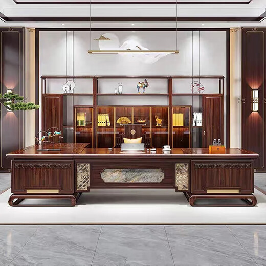 Tanxiao New Chinese Style Black Gold President Desk Boss Desk Executive Desk Bookcase Solid Wood Light Luxury High-End Study Furniture For Color and Size Customization Contact Customer Service