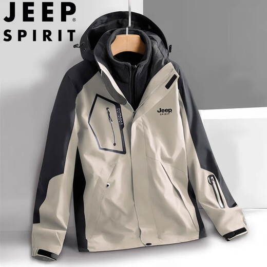 JEEP SPIRIT Jeep Jacket Men's Spring and Autumn Hooded Jacket Outdoor Three-in-One Sportswear Khaki 3XL