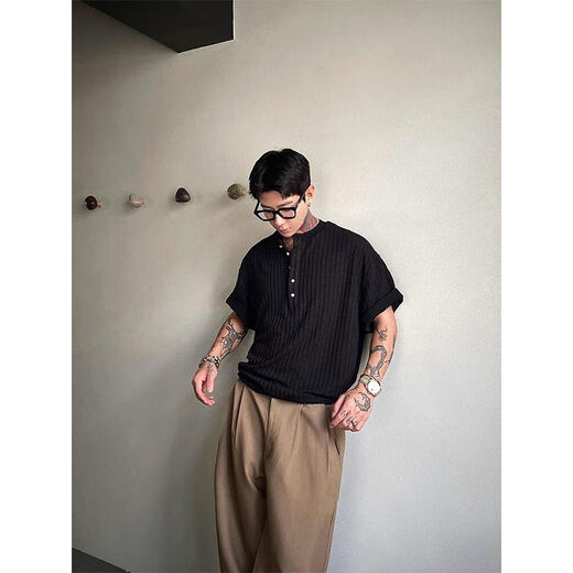 Old money style ice silk henley collar short-sleeved men's summer American retro polo shirt-like knitted T-shirt half-sleeved white upgraded model S S recommended 85-105Jin Jin equals 0.5 kg