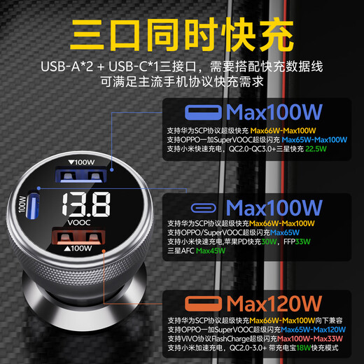 Newman (Newsmy) car charger with cable set is suitable for VIVO/IQOO/flash charging Huawei super fast charging one-to-three cigarette lighter conversion plug 100W high-power car charger