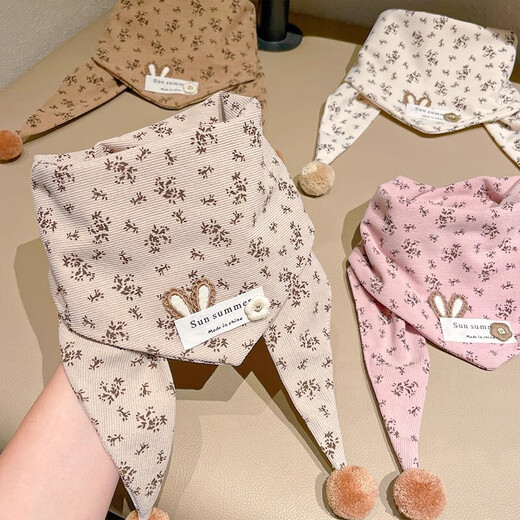 Children's floral scarf, windproof and warm scarf, baby cold-proof neck scarf, autumn and winter style, cute polka dot triangle scarf for girls, 1# off-white floral rabbit triangle scarf, no Specifications