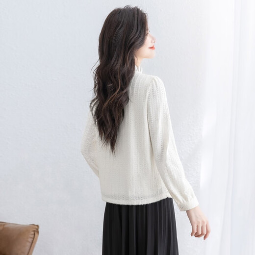 Cypress wood ear-edge lace stitching lace shirt for women 2025 autumn new long-sleeved beaded jacquard shirt